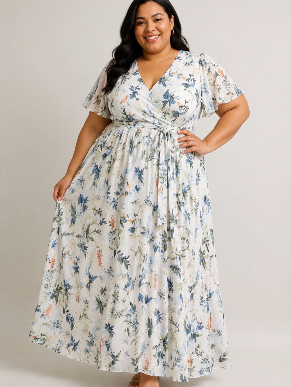 NWT Ivy City Co 1X Floral Maxi Dress Flutter Sleeve Tie Waist Cottagecore - Picture 4 of 12